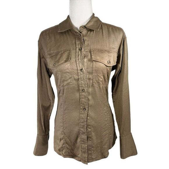 Frame Brown Small Arie Button Up Long Sleeve Linen Blend Stretch Top - Picture 1 of 10